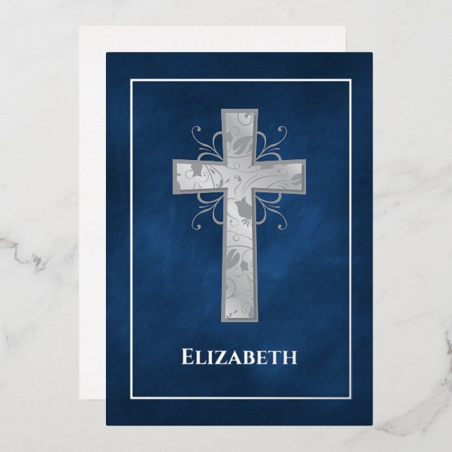 Marine und Silver Taufe oder Christening Filigree  Folieneinladung (Vorderseite/Rückseite)