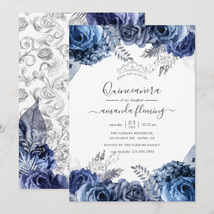 Marine und Weiß mit Silberfräsen, Quinceañera Einladung