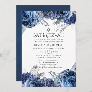 Marine und Weiß mit Silberfräsen und Bat Mitzvah Einladung