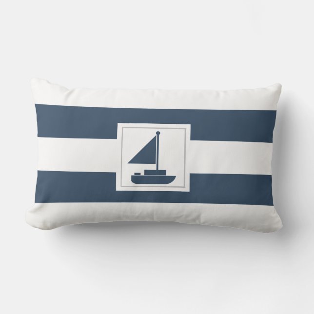 Marine und White Nautical Strips mit Segelboot Lendenkissen (Vorderseite)