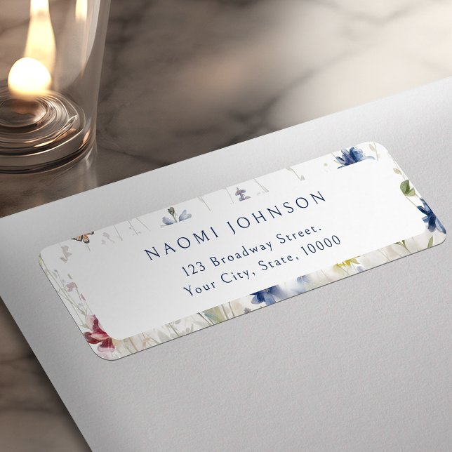 Marine Wasserfarben-Wildblume Rustikale Rücksendea (Navy Watercolor Wildflower Rustic Return Address Label)