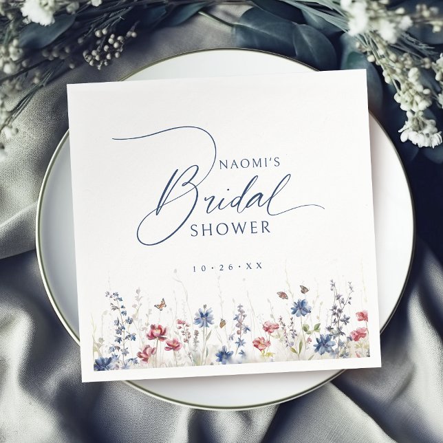 Marine Wasserfarben-Wildblumen-Rusticale Hochzeits Serviette (Navy Watercolor Wildflower Rustic Bridal Shower Napkins)