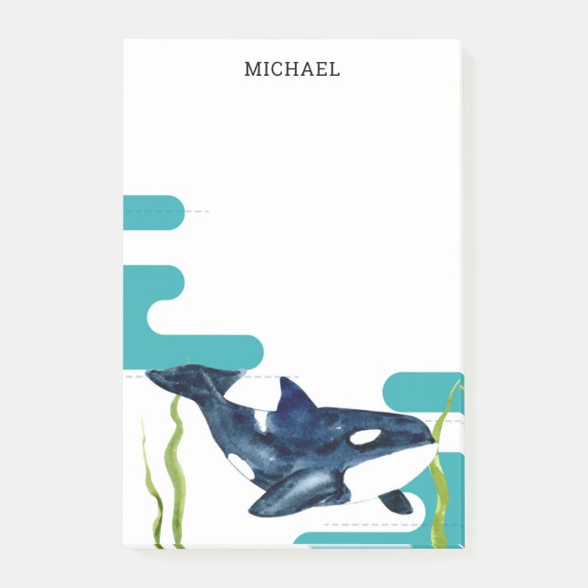 Marine Watercolor Orca Personalisierter Name Post-it Klebezettel (Vorderseite)