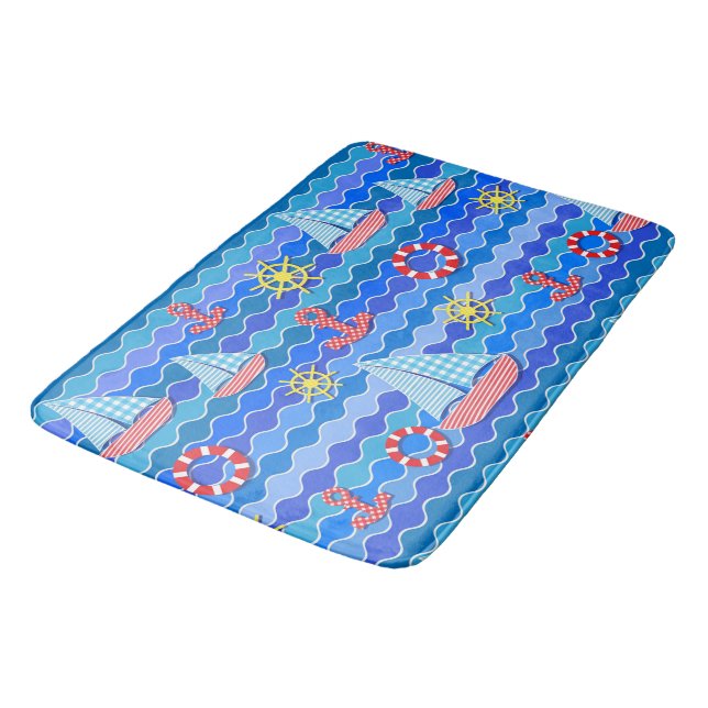 Marine Wave Red Blue Anchor Boot Segelrad Badematte (Schrägansicht)