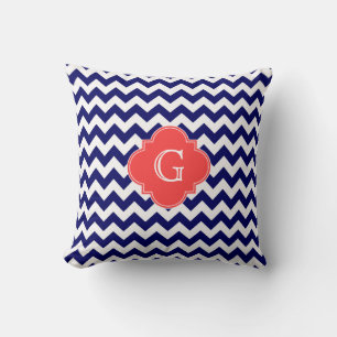 Marine Weiß Chevron Zickzack Koralle Vierblatt Mon Kissen