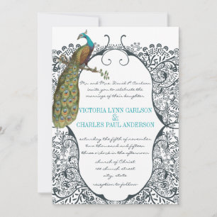 Marine whimsische Pfauen-Liebesvogel-Muster-Hochze Einladung