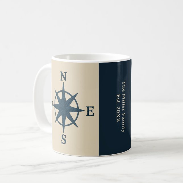 Marinebass auf Beige & Familienname Jahr Kaffeetasse (Vorderseite Links)