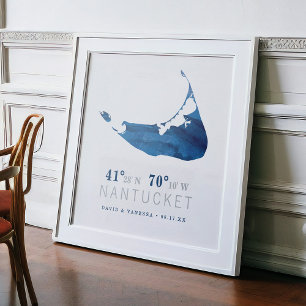 Marineblau Aquarell Nantucket‑Kartenkoordinaten Poster