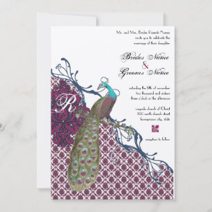 Marineblau & Berry Berry Elegante Damast-Pfau-Hoch Einladung