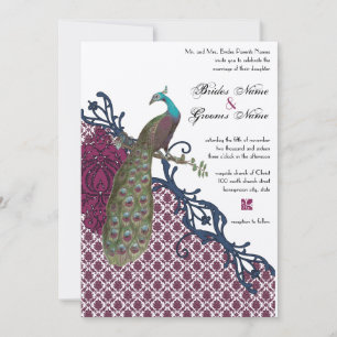 Marineblau & Berry Berry Elegante Damast-Pfau-Hoch Einladung