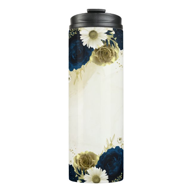 Marineblau-Blume Thermosbecher (Vorderseite)