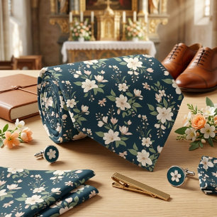 Marineblau Blumenweiß Blüte Krawatte