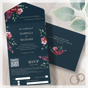 Marineblau   Burgunderrot floral   QR-Code RSVP All In One Einladung