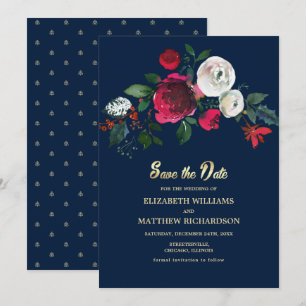 Marineblau Burgundy Bloom Wedding Save the Date Einladung