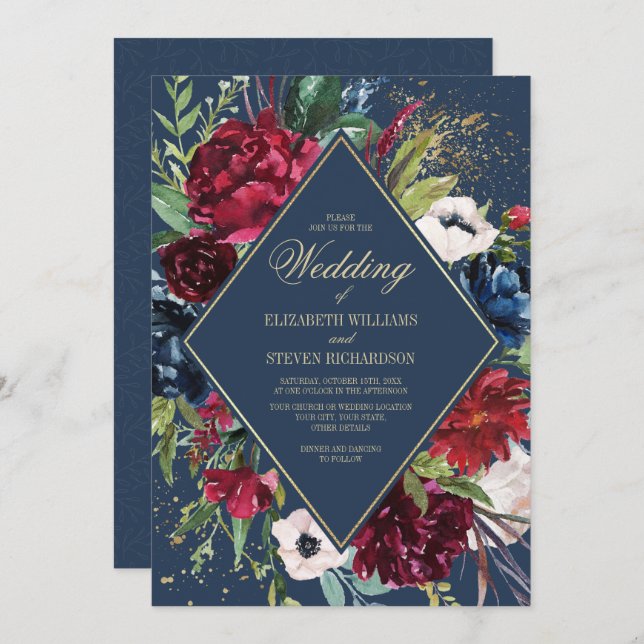 Marineblau | Burgundy Floral Geometric Wedding Einladung (Vorne/Hinten)