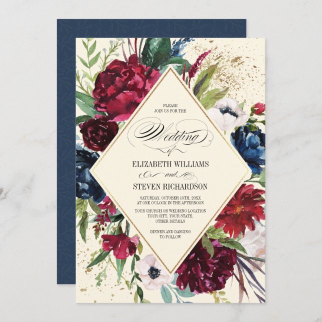 Marineblau | Burgundy Floral Geometric Wedding Einladung (Vorne/Hinten)