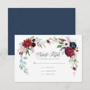 Marineblau Burgundy Floral Wedding RSVP Card Einladung
