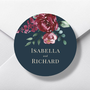 Marineblau   Burgundy Floral Wedding Runder Aufkleber