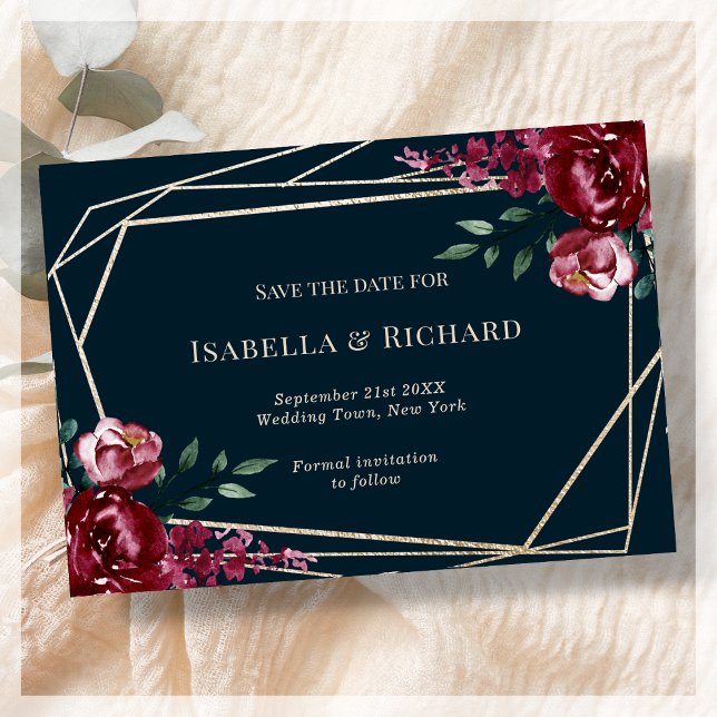 Marineblau | Burgundy Floral Wedding Save the Date (Von Creator hochgeladen)