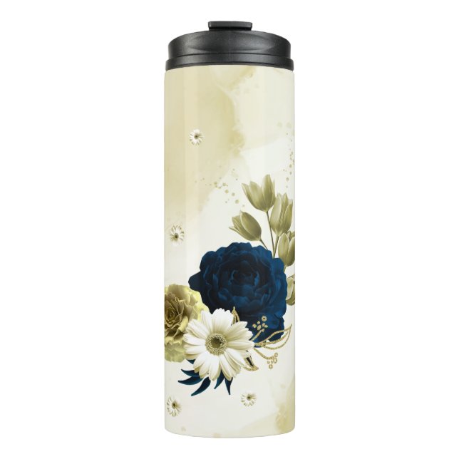 Marineblau-Elfenbeingold-Blume Thermosbecher (Vorderseite)