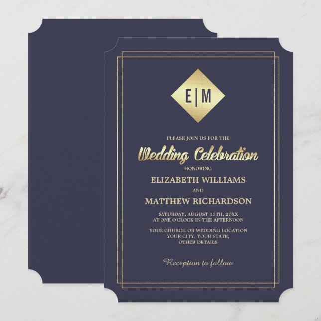 Marineblau | Gold Elegant Wedding Einladung (Vorne/Hinten)