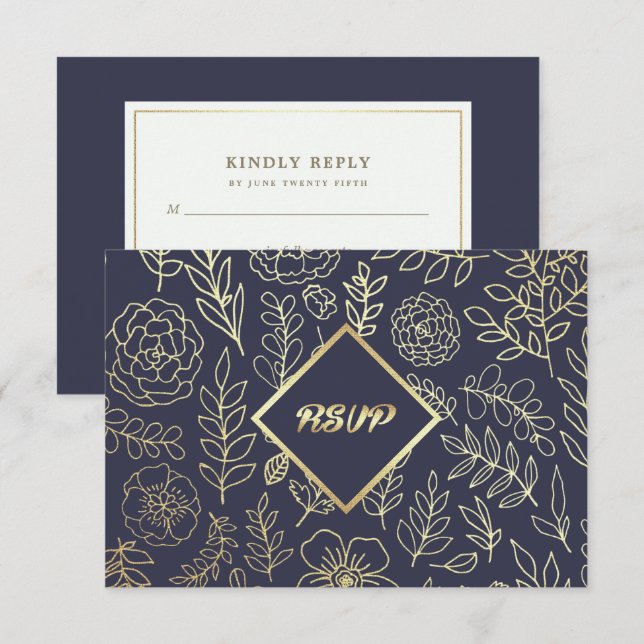 Marineblau | Gold Floral Muster Wedding RSVP Card Karte (Vorne/Hinten)