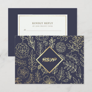 Marineblau Gold Floral Muster Wedding RSVP Card Karte