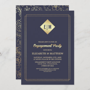 Marineblau   Gold Floral Pattern Engagement Party Einladung