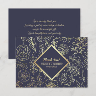 Marineblau Gold Floral Wedding Dankeschön Karte