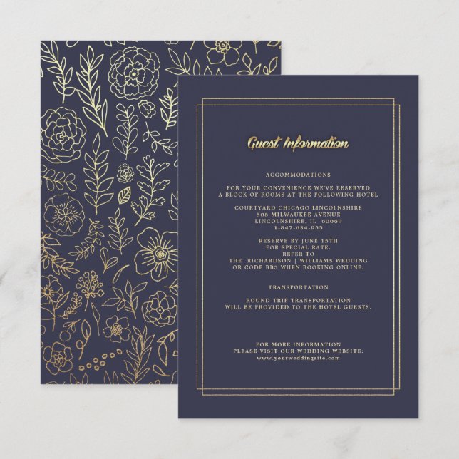 Marineblau | Gold Floral Wedding Details Cards Begleitkarte (Vorne/Hinten)