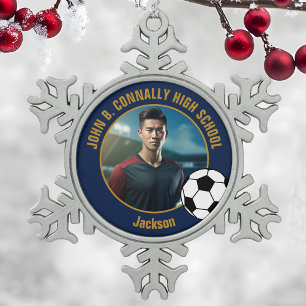 Marineblau Gold Fußballspieler Foto High School Schneeflocken Zinn-Ornament