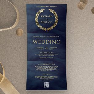 Marineblau-Gold-Lorbeer-Minimal-QR-Code-Hochzeit Dreifach Gefaltete Einladung