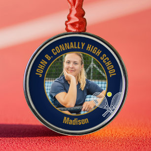 Marineblau-Gold-Tennisspieler-Foto-Weihnachtsgesch Ornament Aus Metall