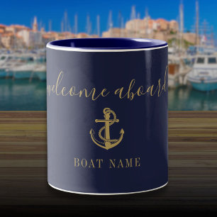 Marineblau Gold Willkommen an Bord Nautischer Boot Zweifarbige Tasse
