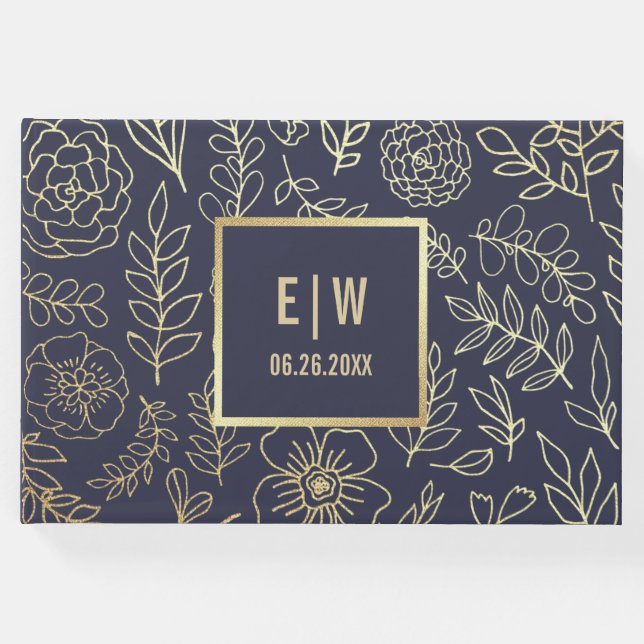 Marineblau | Hochzeit mit Gold Floral Gästebuch (Vorderseite)