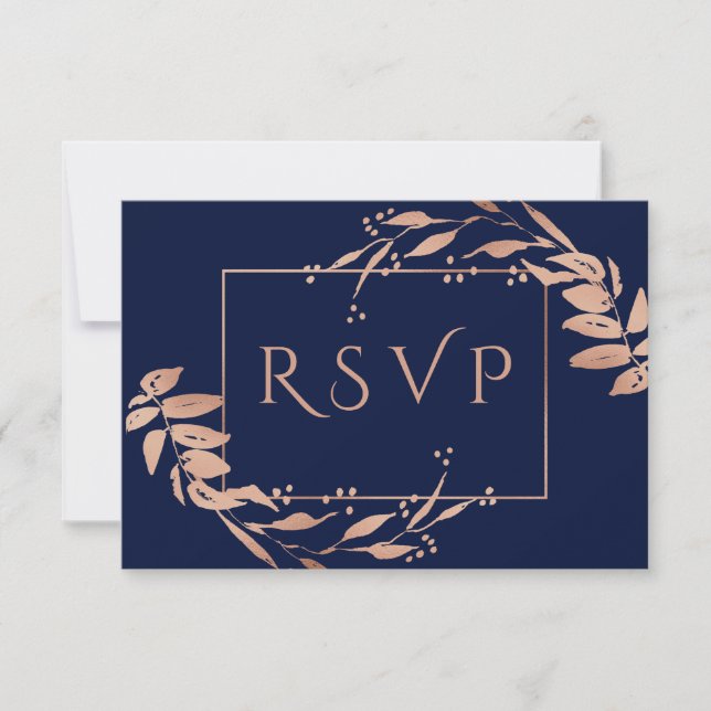 Marineblau | Hochzeit von Gold-Foliage-Rose RSVP Karte (Vorderseite)