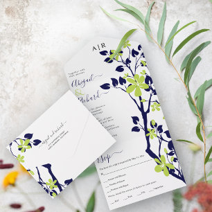Marineblau, Kalkgrüne Zweig mit Hochzeit von Blume All In One Einladung