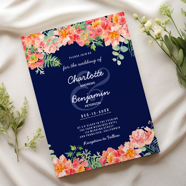 Marineblau-Koralle pink Botanische Hochzeit Einladung (Navy blue watercolor coral pink Botanical Wedding )