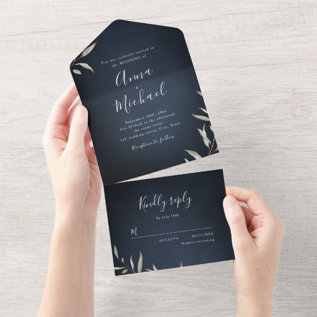 Marineblau minimalgrüne rustikale Hochzeit All In One Einladung (Abreißen)