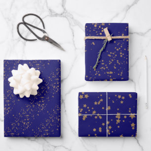 Marineblau mit goldenen Sternen Doppelgelenk Gebur Geschenkpapier Set