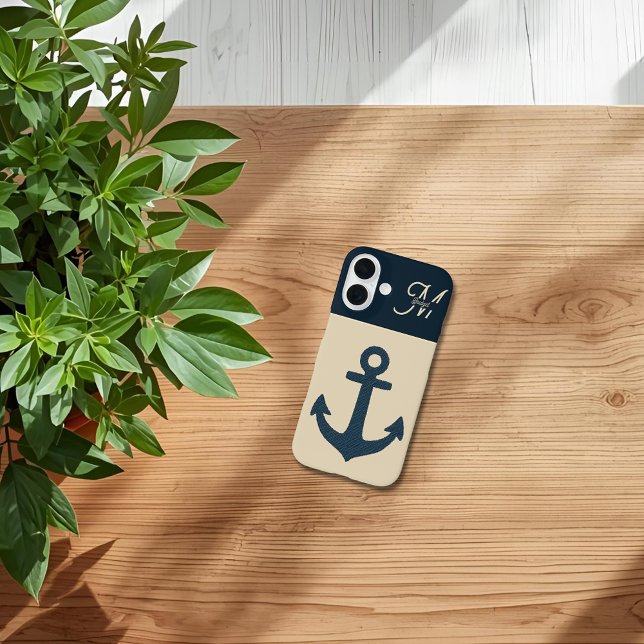 Marineblau mit Monogram Beige Küste Case-Mate iPhone Hülle (Von Creator hochgeladen)