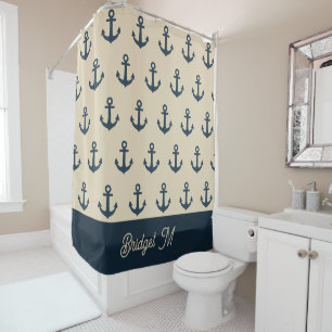 Marineblau mit Monogram Beige Küste Duschvorhang
