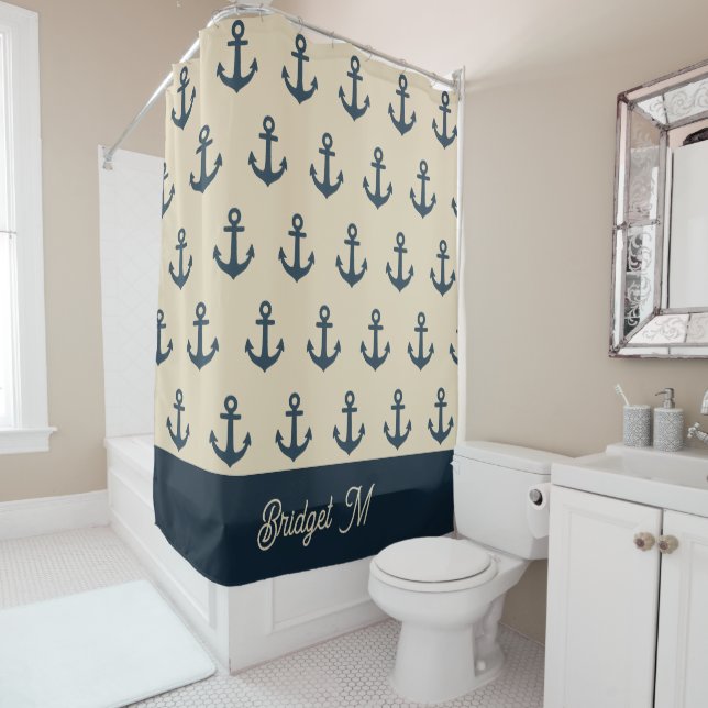 Marineblau mit Monogram Beige Küste Duschvorhang (Beispiel)