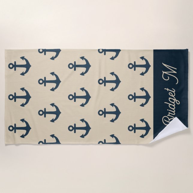 Marineblau mit Monogram Beige Küste Strandtuch (Vorderseite)