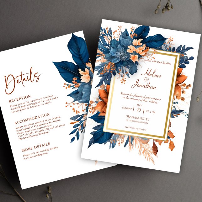 Marineblau Moderne Elegante Blüte in einer Hochzei Einladung (Navy Blue Modern Elegant Floral All In One Wedding Invitation)