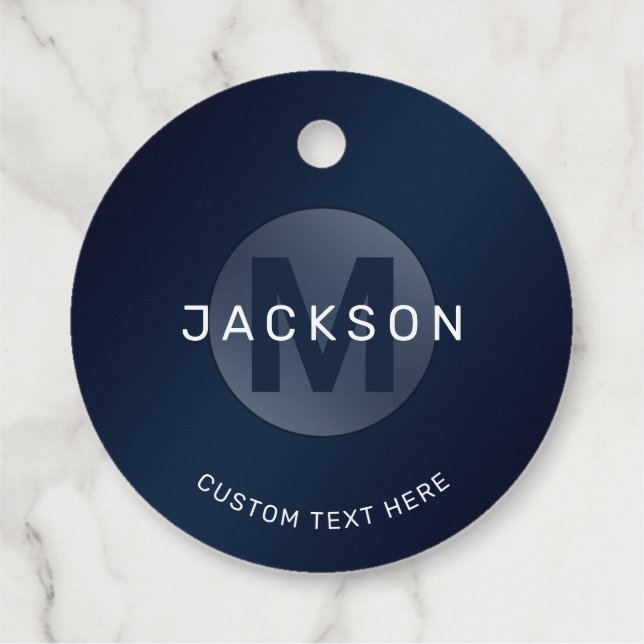 Marineblau, moderne, personalisierte Monogrammfava Geschenkanhänger (Rückseite)