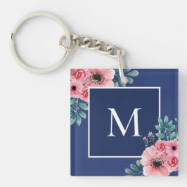 Marineblau | Monogramm-Schlüsselring für florales  Schlüsselanhänger