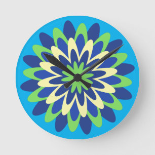 Marineblau, neon Grün, Kanariengelb Blüte Runde Wanduhr