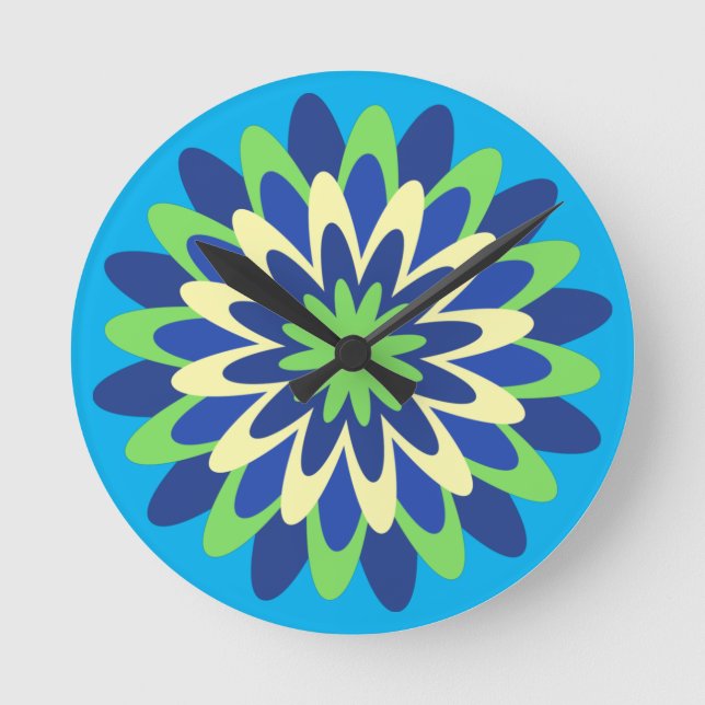 Marineblau, Neongrün, kanargelbe Blume Runde Wanduhr (Vorderseite)