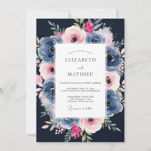 Marineblau Rosa Malerische Hochzeit Einladung